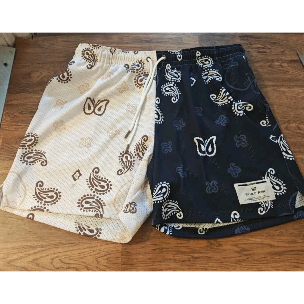Ryoko Rain Shorts Mens XXXL Blue Paisley Jersey Drawstring Mesh Gym Athletic
